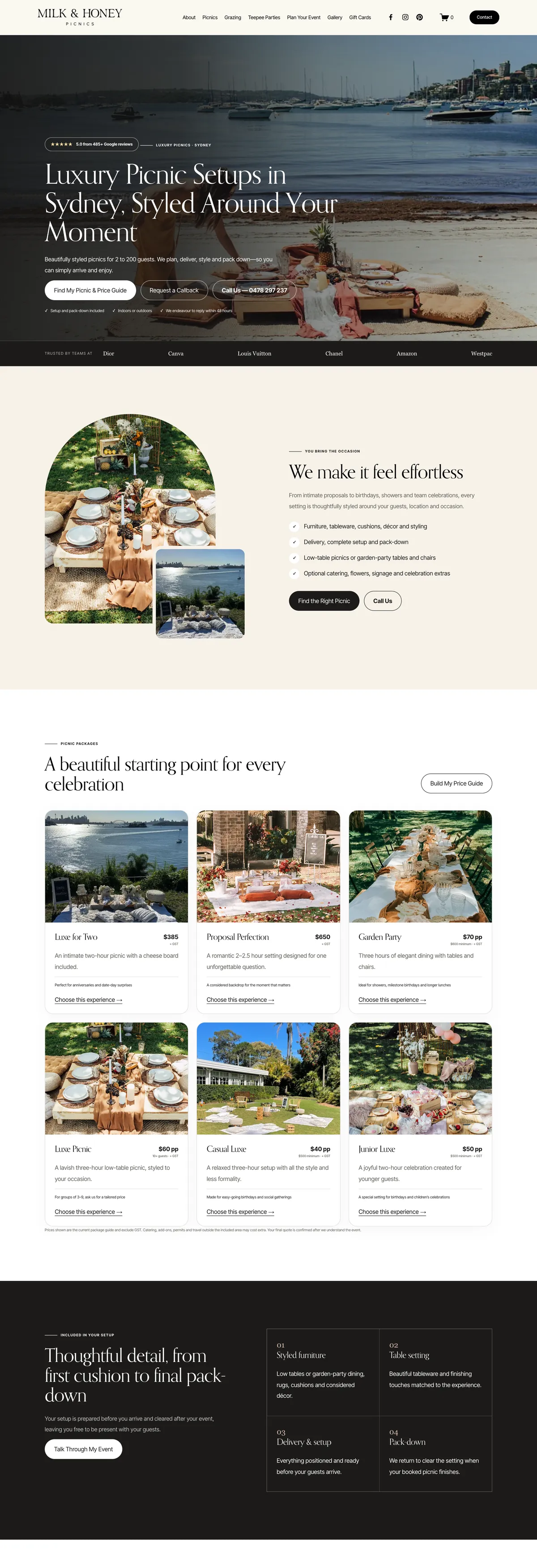 Milk & Honey Picnics website on desktop
