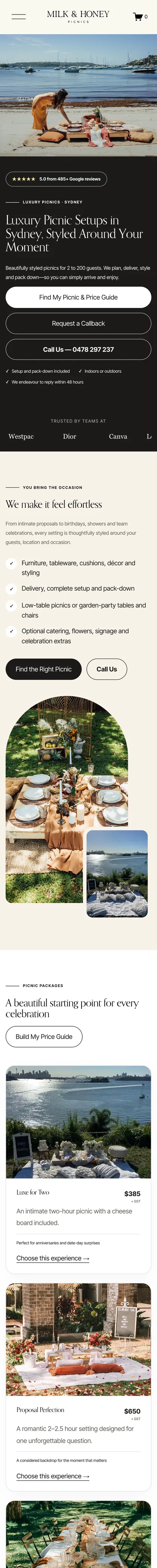 Milk & Honey Picnics website on mobile