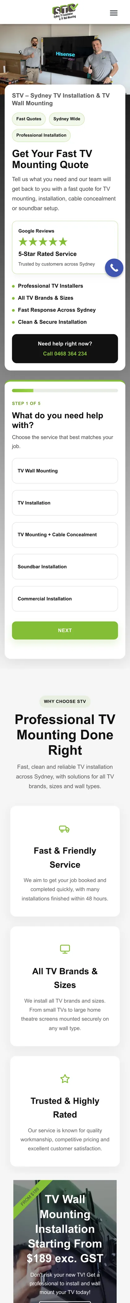 TV Mounting website on mobile